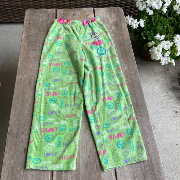 St. Eve Girls Pajama Pants Size Large 10 12 Green Peace Love Hope Pink Blue - Picture 4 of 7